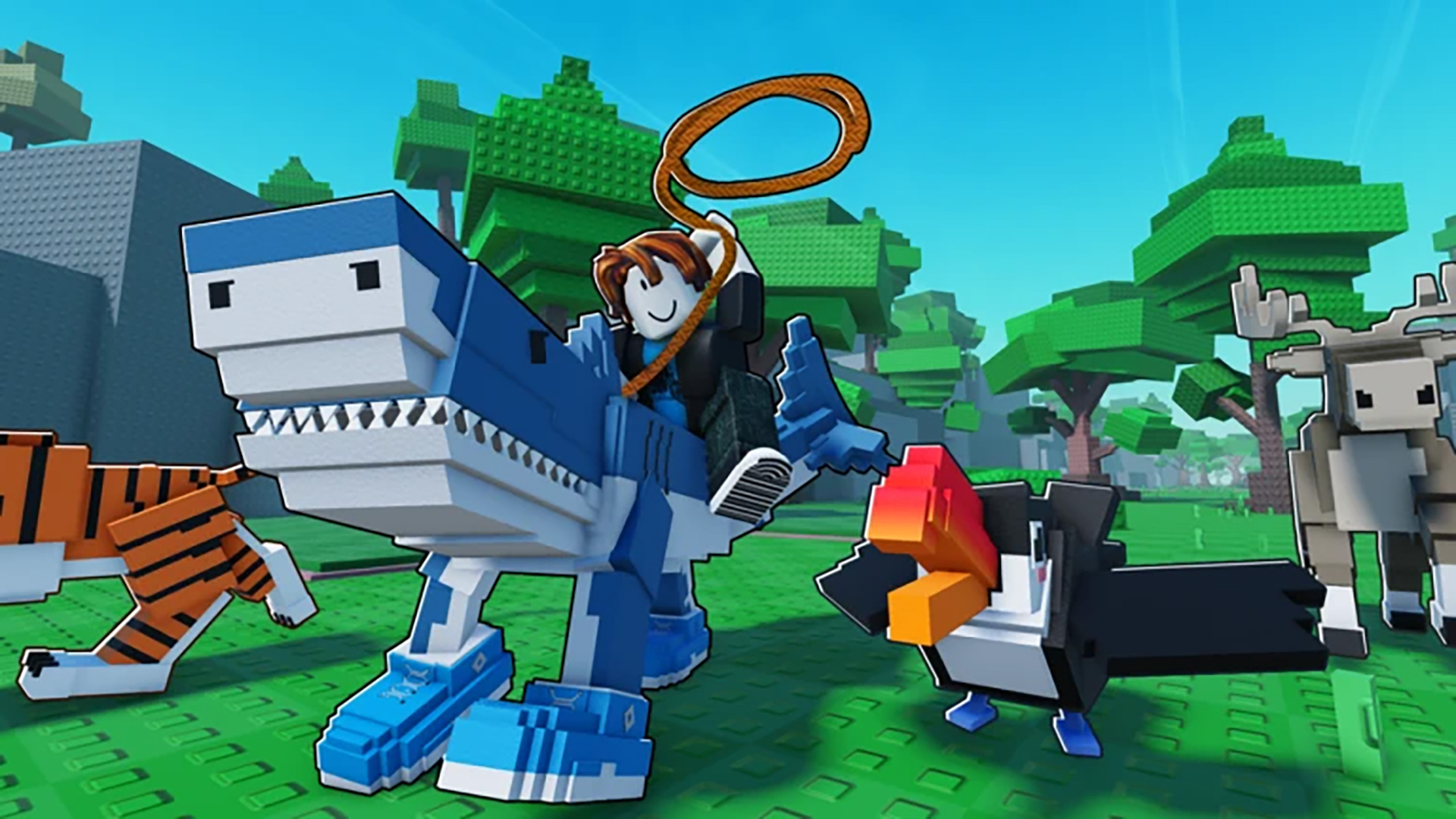 Raise Animals game screenshot showing player riding dinosaur with various animals